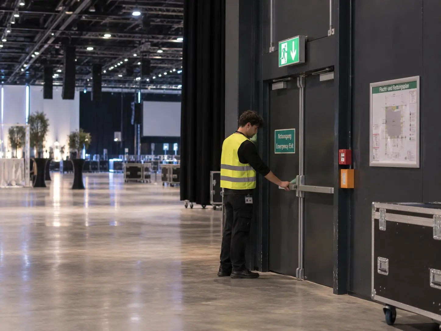 Crew member in a high-visibility vest checks an emergency exit door in an exhibition hall, with flight cases nearby