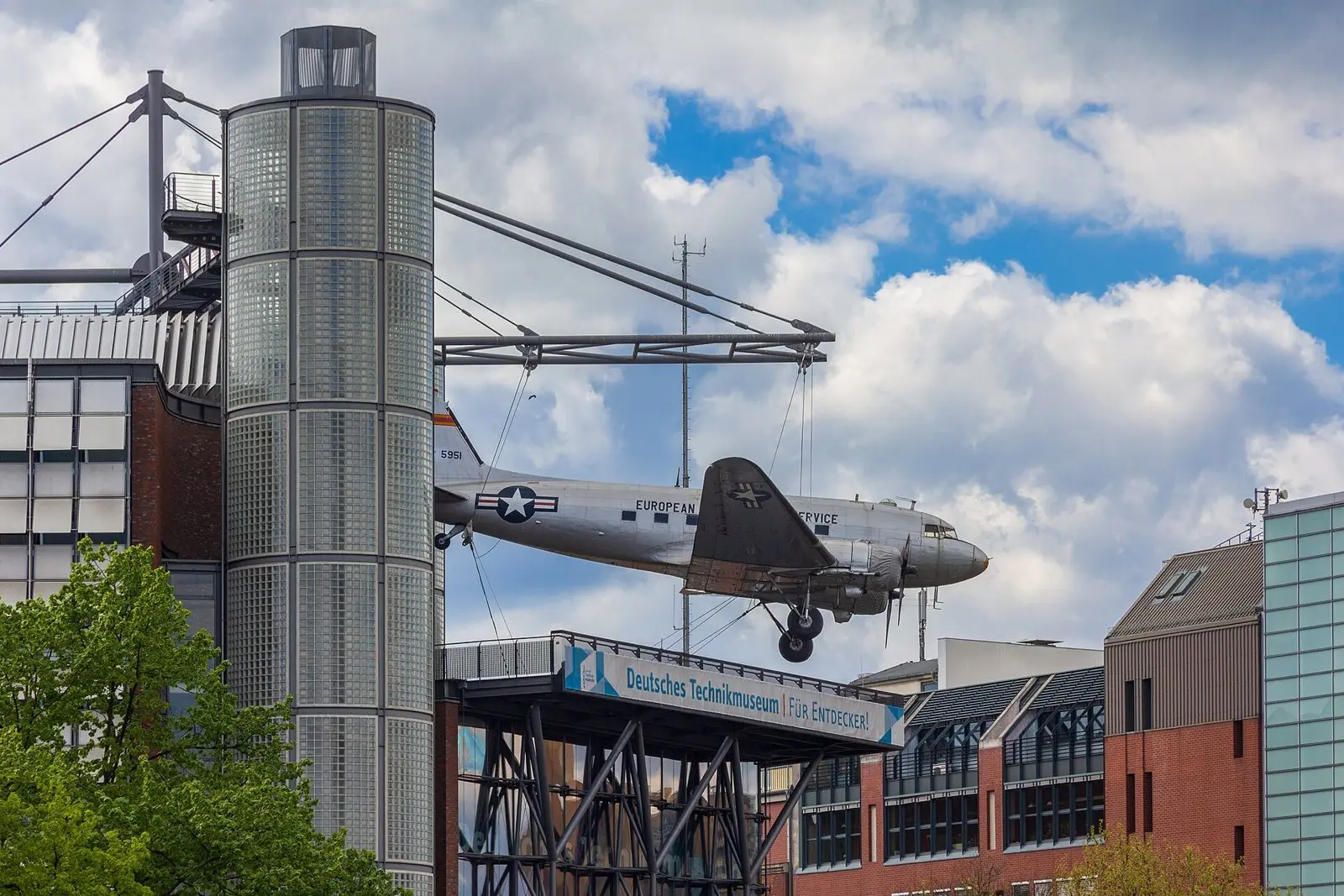 The German Museum of Technology in Berlin with the “raisin bomber” plane above the entrance