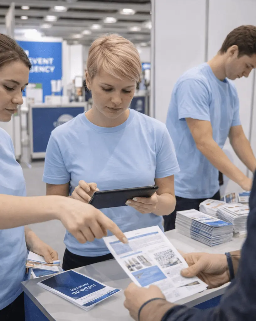 Stand staff in light blue shirts explain a brochure to a visitor at a trade fair stand