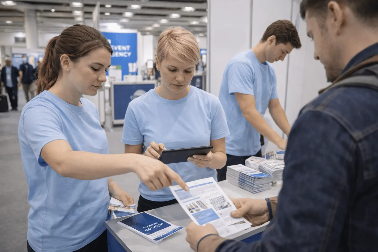 Stand staff in light blue T-shirts at a counter, one holding a tablet while a colleague points at a brochure a visitor is holding