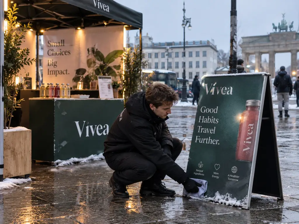 Promoter in a black jacket wipes snow off a sign at a winter promotion stand in front of the Brandenburg Gate