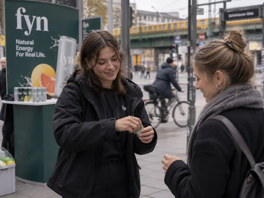 Promoter in a winter coat handing out product samples to a passer-by outdoors