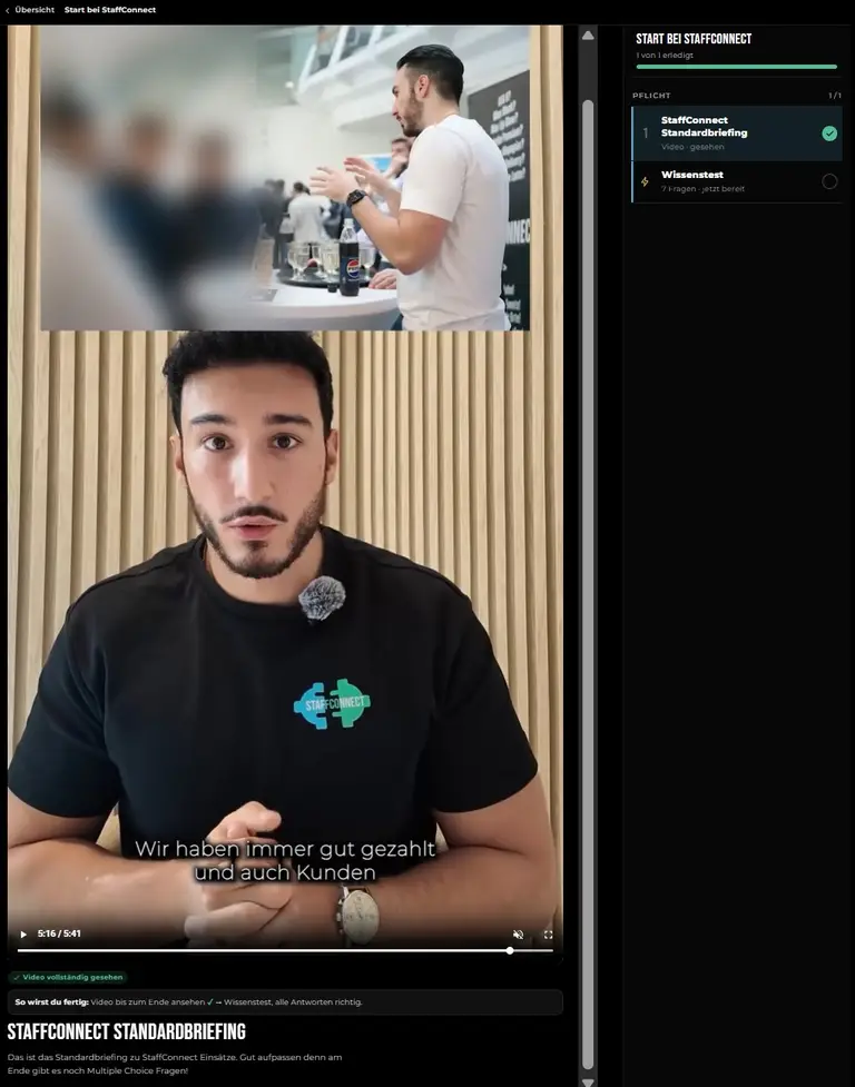 StaffConnect training portal, in German: the standard briefing video with Leon Chiosea, next to it the required steps, standard briefing (watched) and a knowledge test with 7 questions