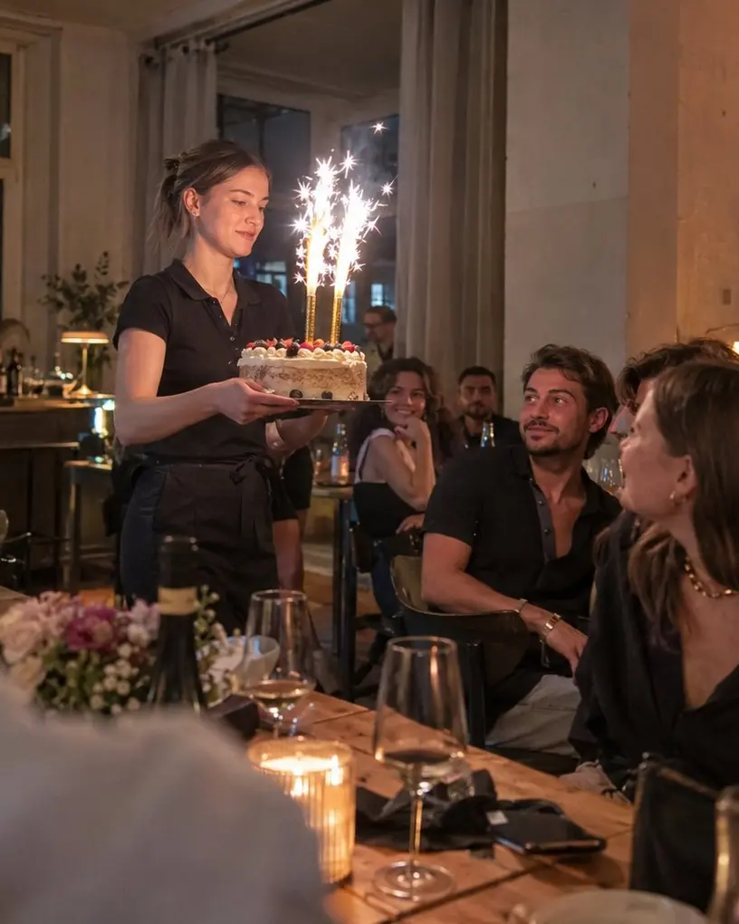 Servicekraft bringt bei einem privaten Dinner die Geburtstagstorte mit Wunderkerzen an die Tafel – Personal für das Firmenjubiläum