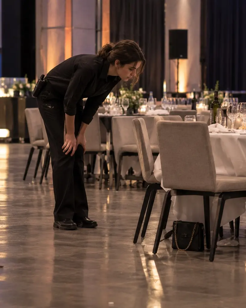 Staff member checks a gala hall after dinner and spots a handbag left under a chair