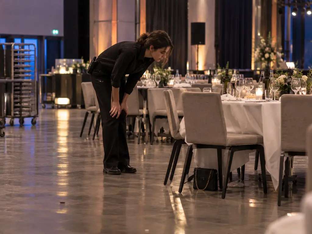 Servicekraft sucht nach einer Gala zwischen den Tischen nach Fundsachen