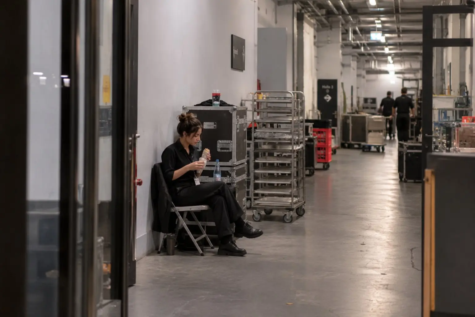 Servicekraft macht im Backstage-Flur einer Halle auf dem Klappstuhl Pause mit Wrap und Wasser – faire Arbeitsbedingungen für Eventpersonal