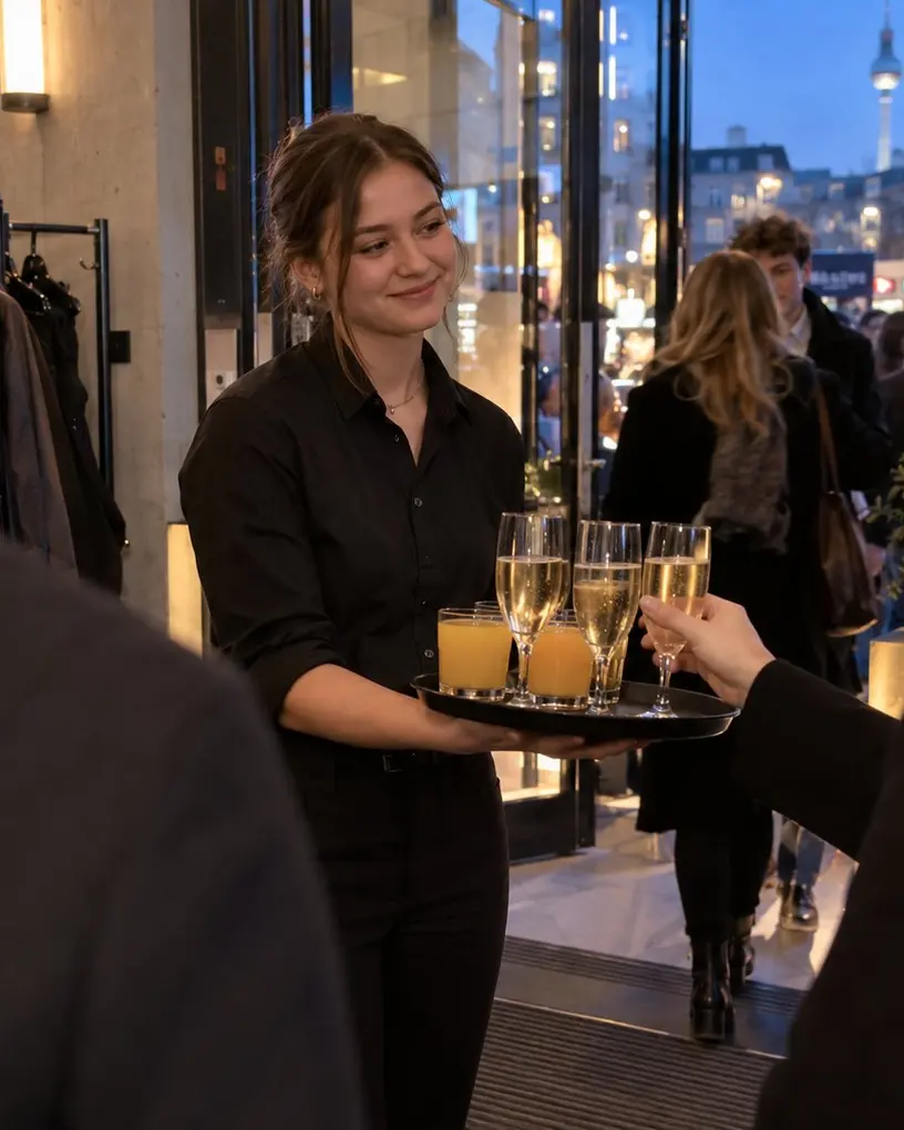 Servicekraft empfängt Gäste am Eingang mit Sekt und Orangensaft, draußen ist der Berliner Fernsehturm zu sehen – Personal für Kunden- und Partnerevents