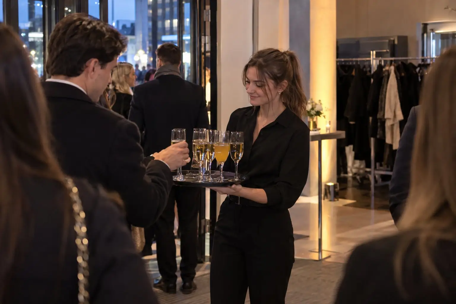 Servicekraft bietet beim Abendempfang im Foyer ein Tablett mit Sekt und Orangensaft an – Personal für das Firmenjubiläum