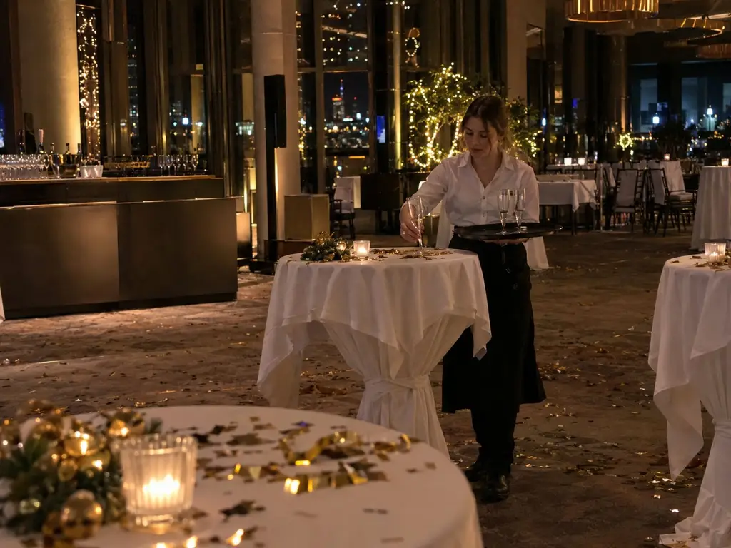 Servicekraft mit Sekttablett zwischen Stehtischen auf einer Silvesterfeier
