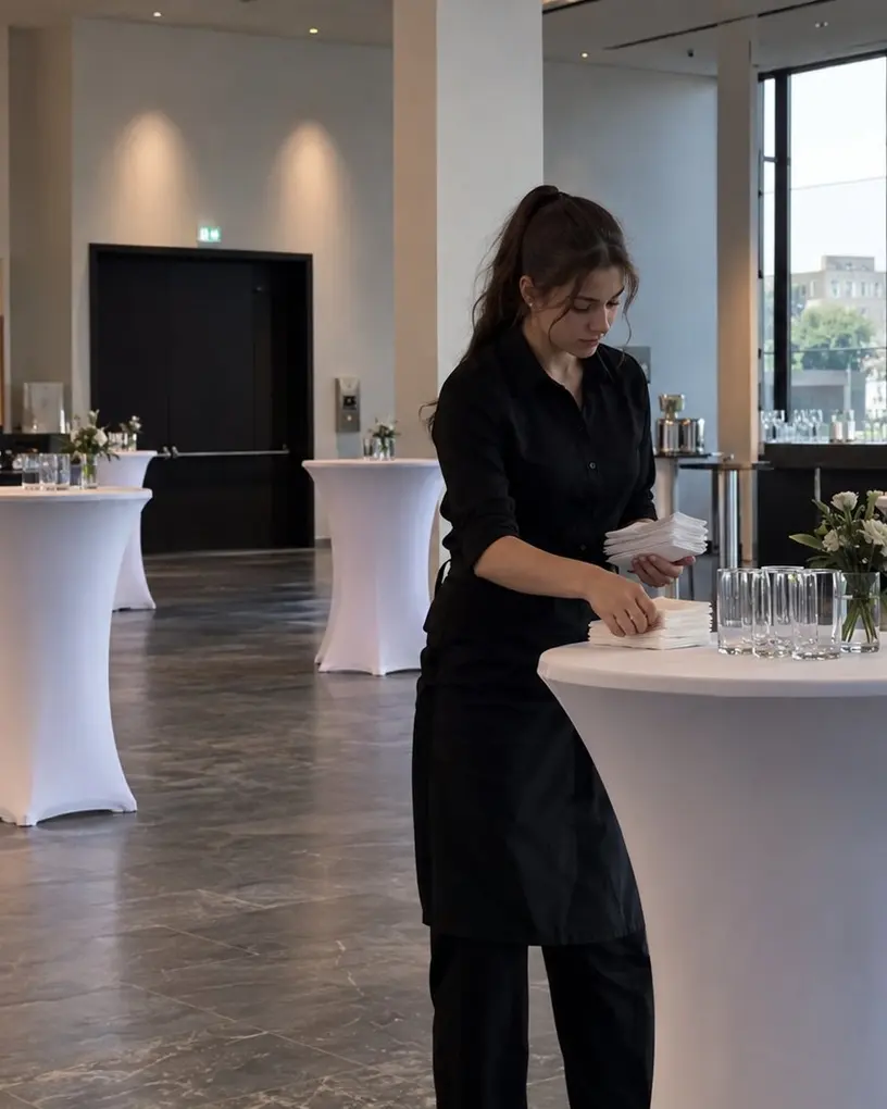 Servicekraft legt im hellen Tagungsfoyer Servietten auf die weiß gehussten Stehtische – Gastronomiepersonal in Berlin