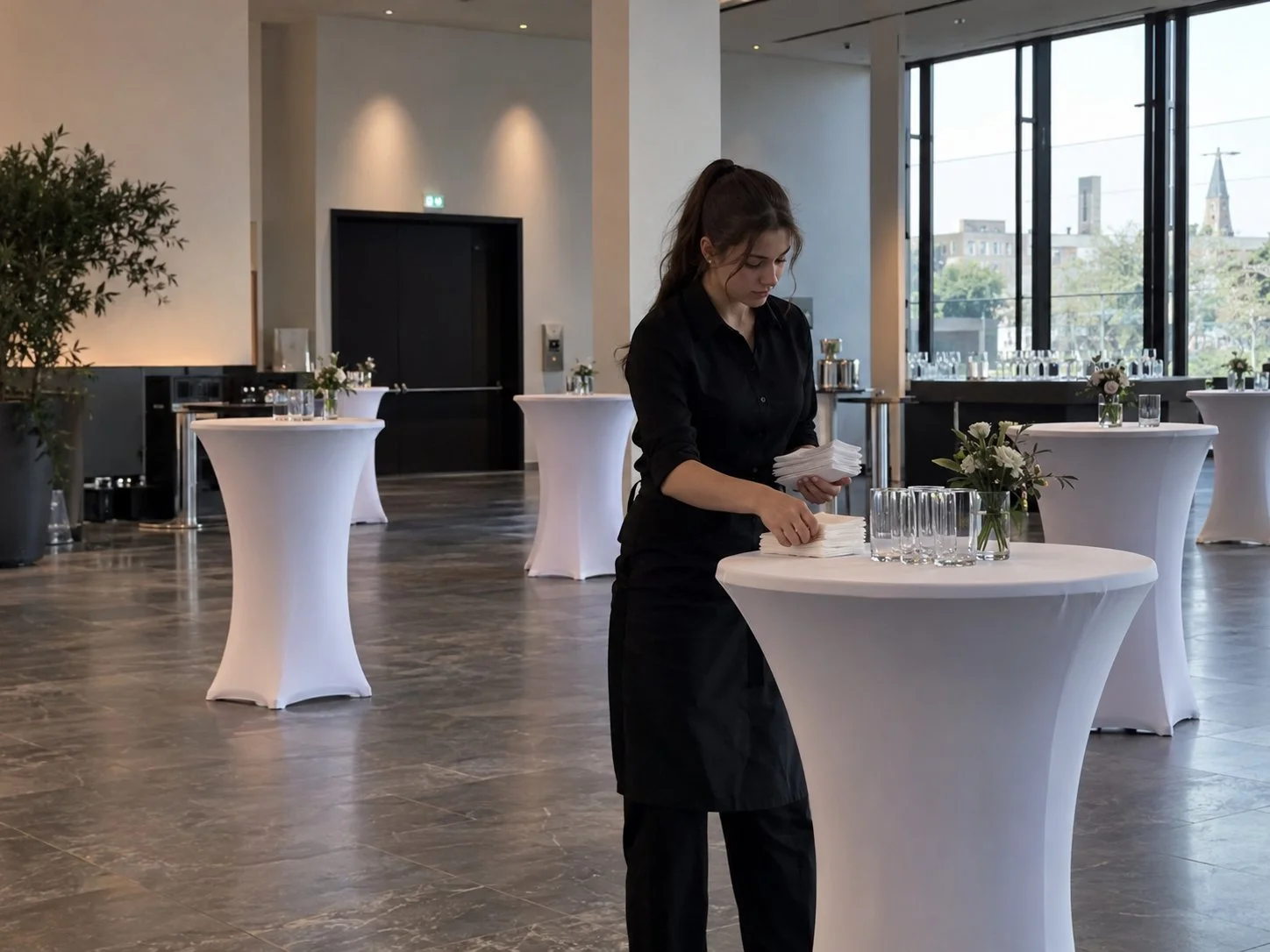 Servicekraft legt im Tagungsfoyer Servietten auf die gehussten Stehtische