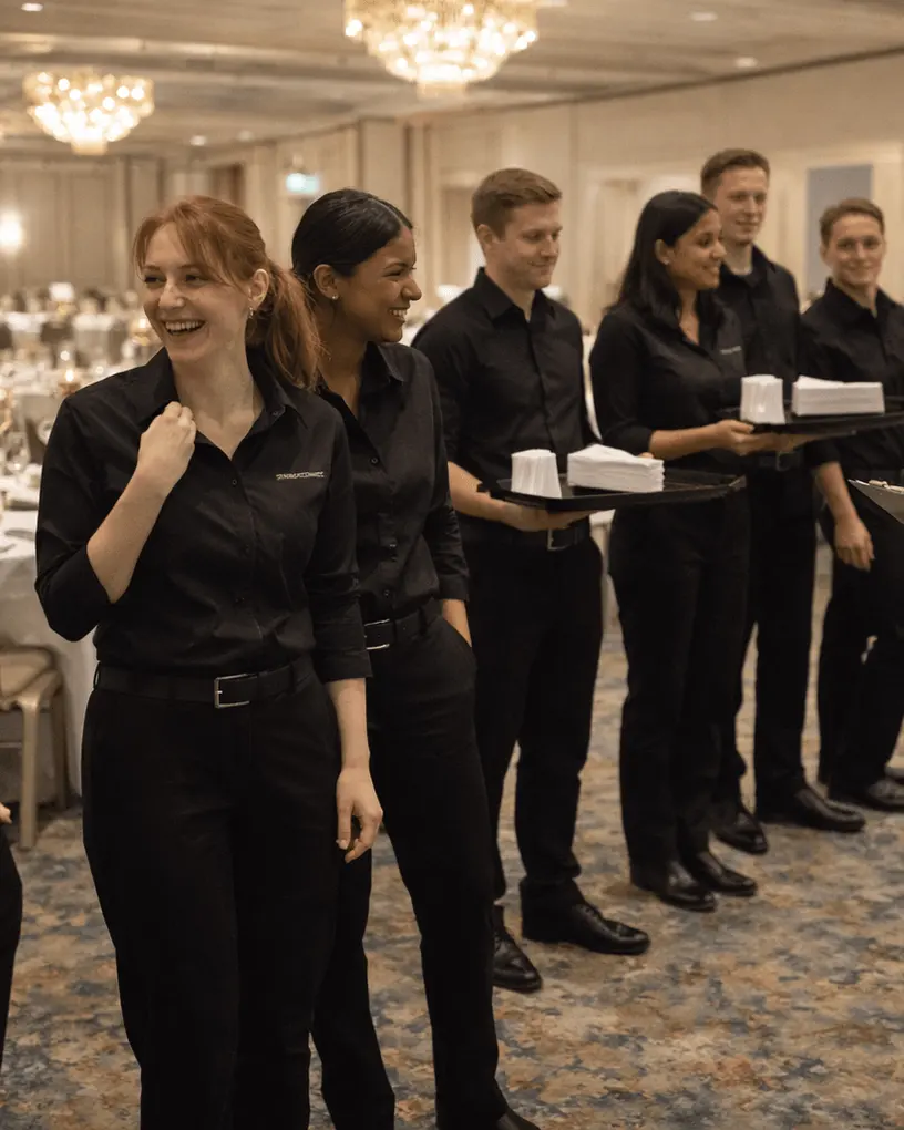 Team-Briefing im Ballsaal vor dem Service, die Teamleitung teilt per Klemmbrett ein – kurzfristiges Personal in Berlin