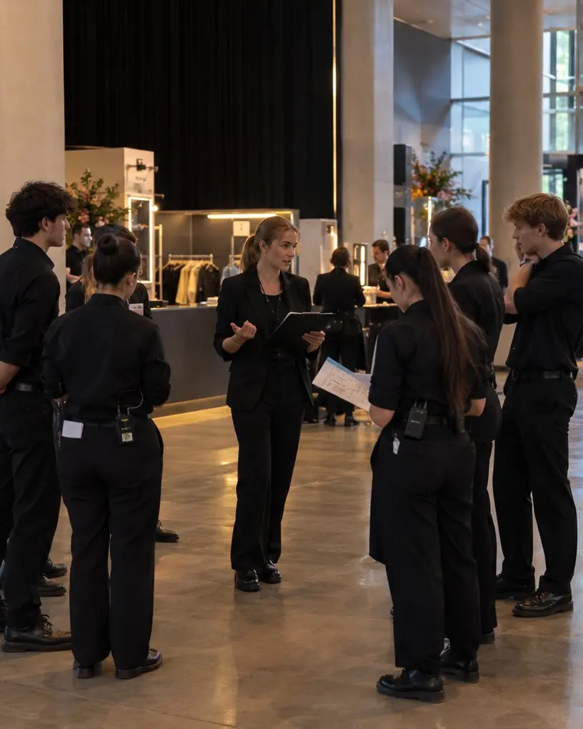 Teamleitung brieft im Foyer die Crew in Schwarz vor Einlassbeginn, links die Wegweiser zu Garderobe, Saal und Empfang – Teamleitung für Events in Berlin