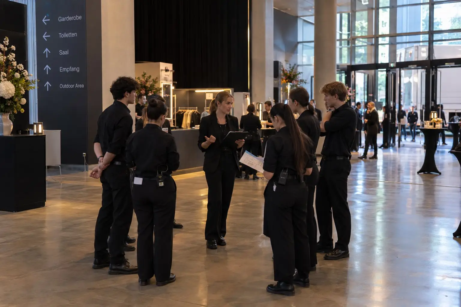 Teamleitung brieft im Foyer die Crew in Schwarz vor Einlassbeginn, links die Wegweiser zu Garderobe, Saal und Empfang – Veranstaltungspersonal in Berlin