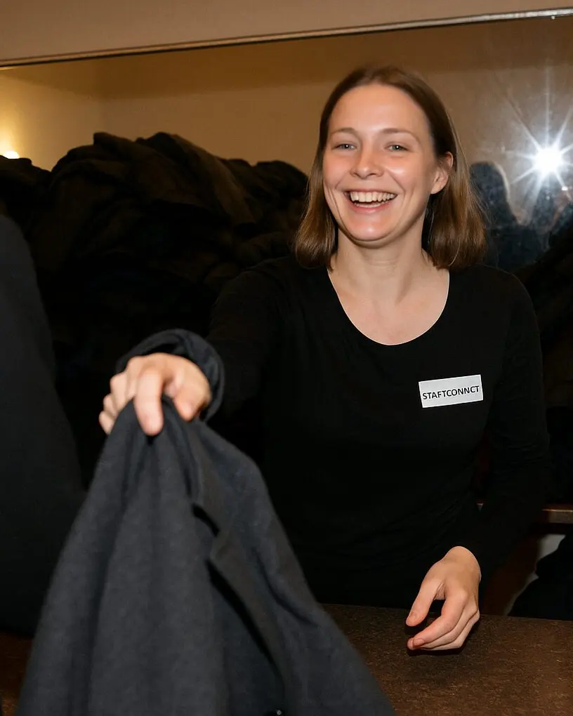 Garderobenkraft nimmt an der Theatergarderobe einen Mantel entgegen