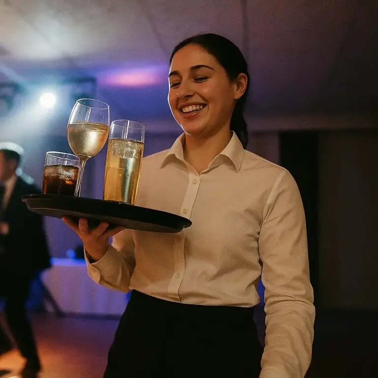 A server carries a tray of glasses across a dance floor