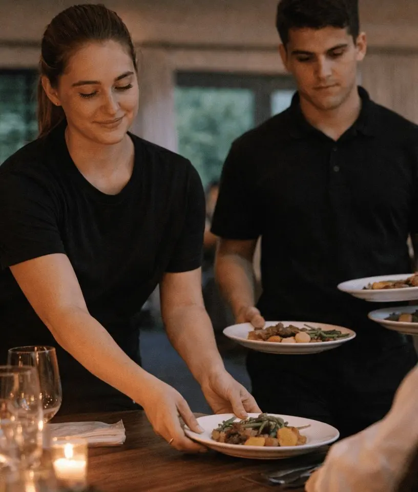 Zwei Servicekräfte servieren Teller an einer gedeckten Tafel – Bankett-Service in Berlin