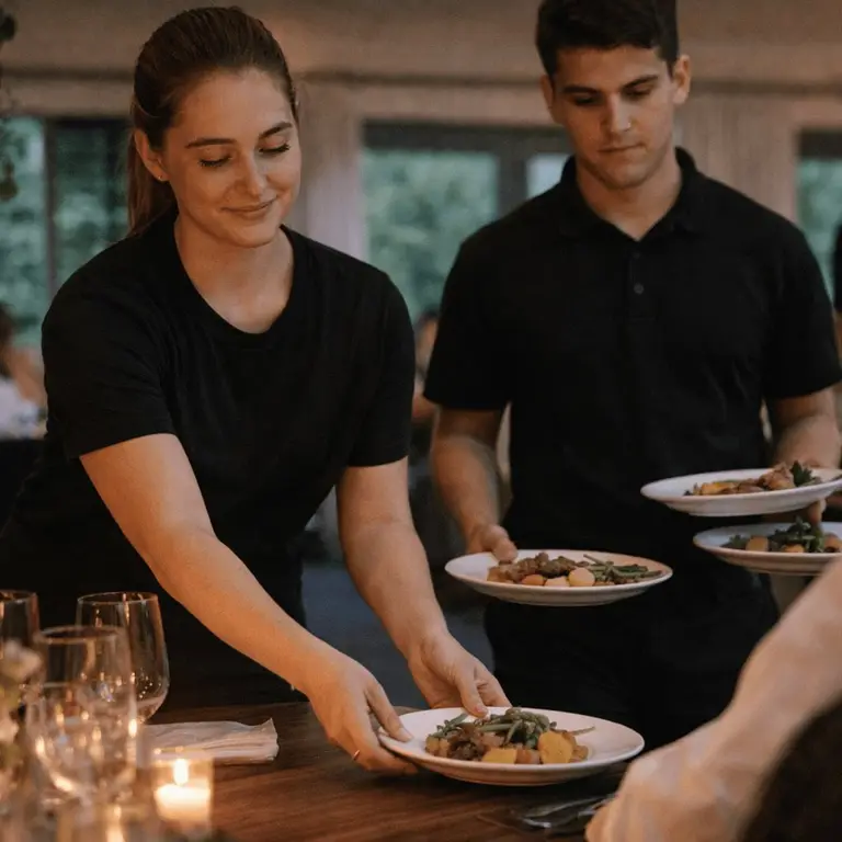Two servers serve plates at a laid table