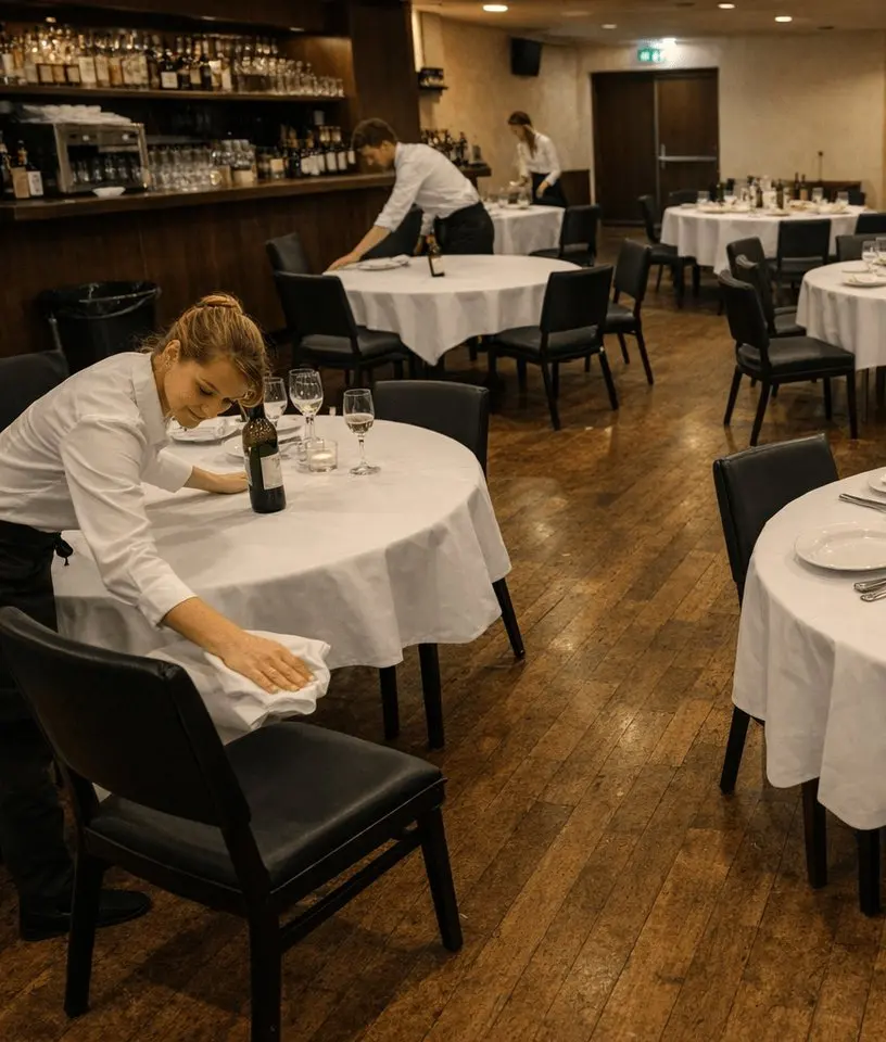 Servicekräfte decken die Tische in einem Bankettsaal ein – Gastronomiepersonal in Berlin