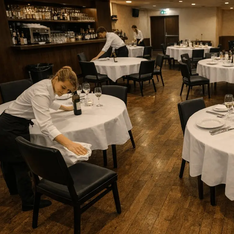 Servers lay the tables in a banquet hall