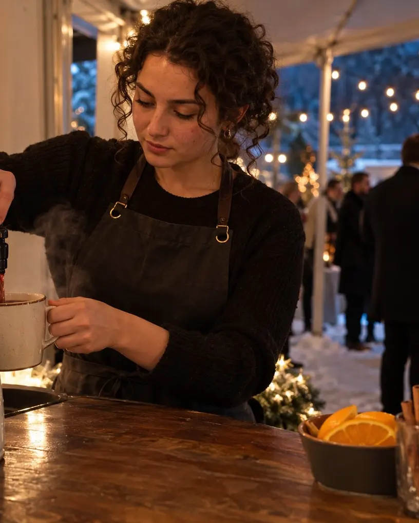 Servicekraft zapft an der Glühweinstation einer winterlichen Firmenfeier einen Becher Glühwein – Personal für die Firmenfeier