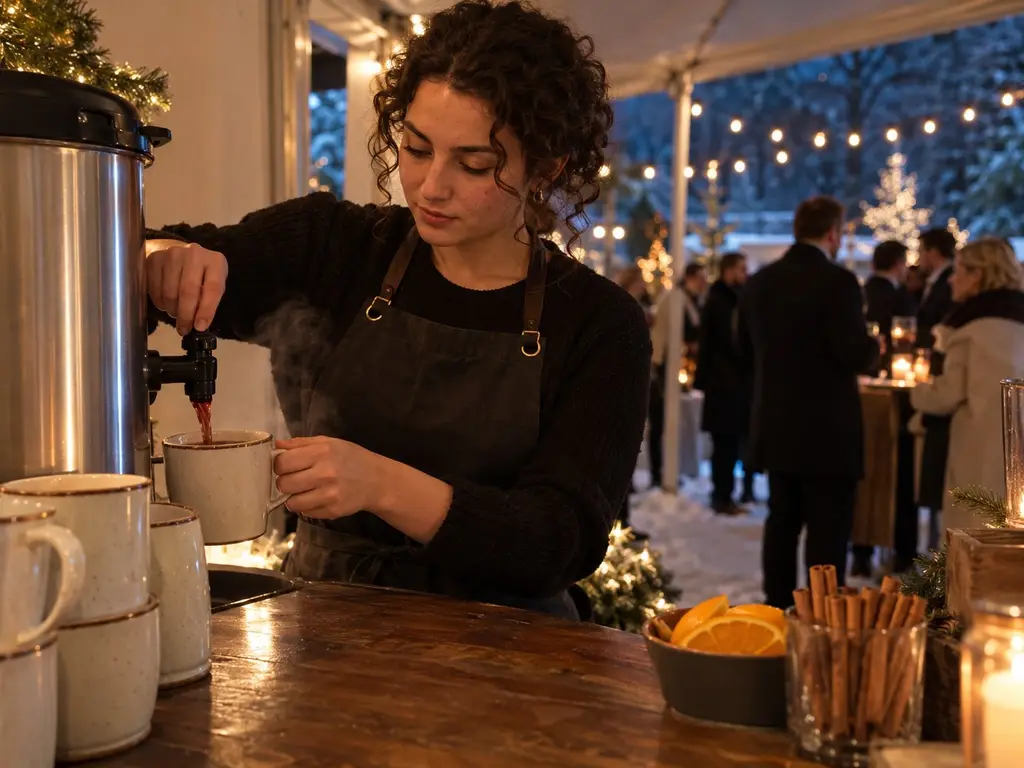 Servicekraft schenkt bei einer Weihnachtsfeier Glühwein aus einem Kessel aus
